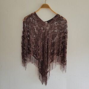 Vintage Tabloid Lattice Lace Fringed Poncho Brown Metallic Boho Disco Fairy 70s